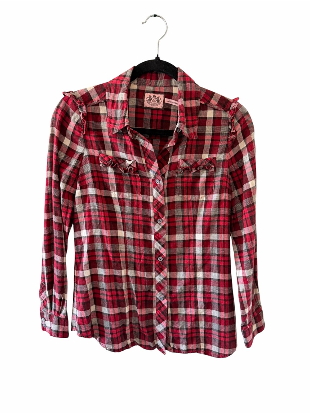 Juicy Couture Pink and White Plaid Ruffle-Detail Button-Down Shirt